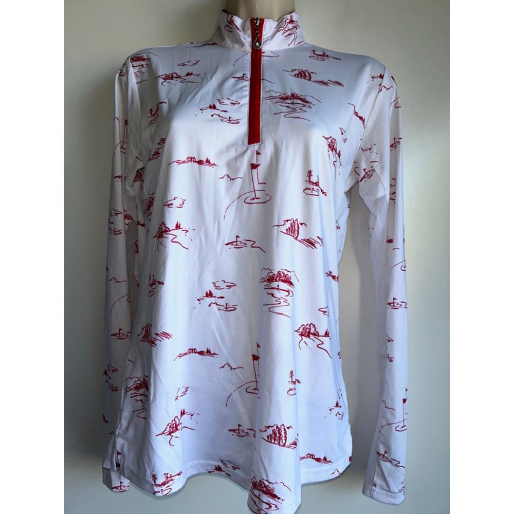 San Soleil White/Red Golf Flag UPF 50 Cooling Golf 1/4 Zip Mock Neck Top Size XS